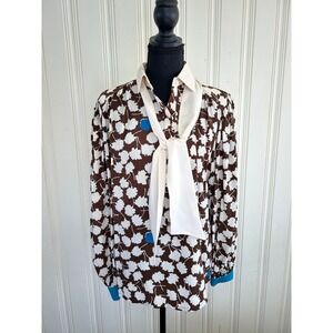 Vintage 100% Silk Pussycat Bow Blouse Brown Blue Leaf Print Secretary 70's Retro